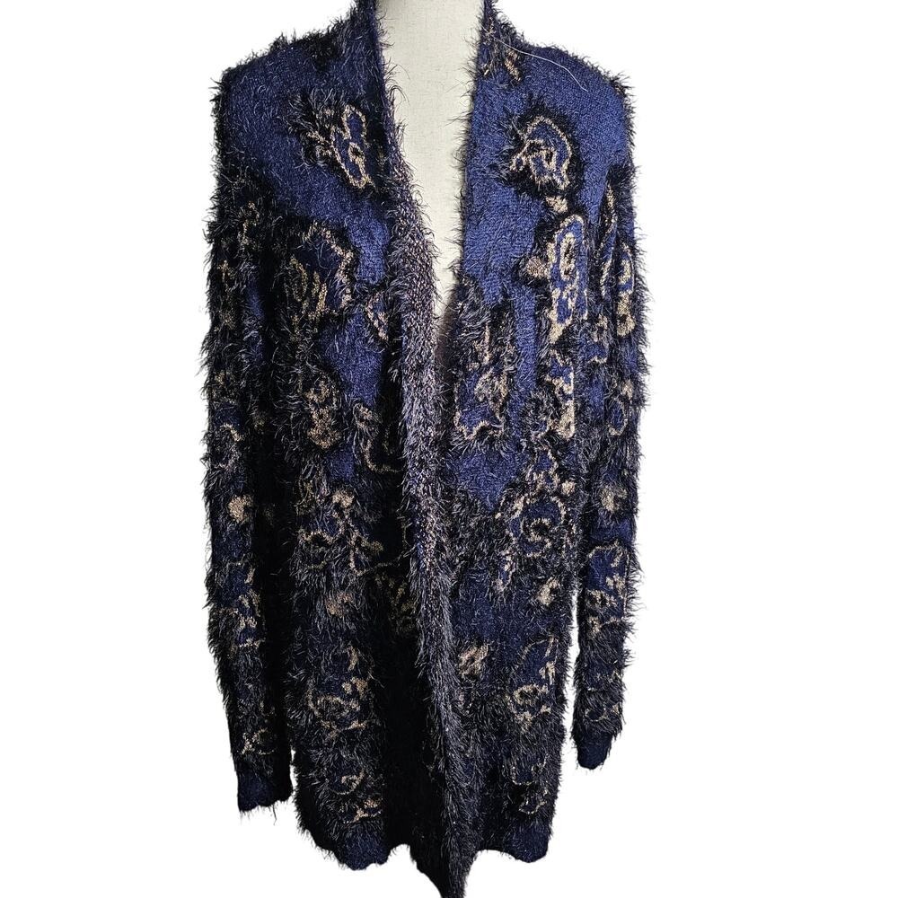Lane Bryant Stretchy Soft Fuzzy Floral Metalic Cardigan Open Front Sweater 14/16